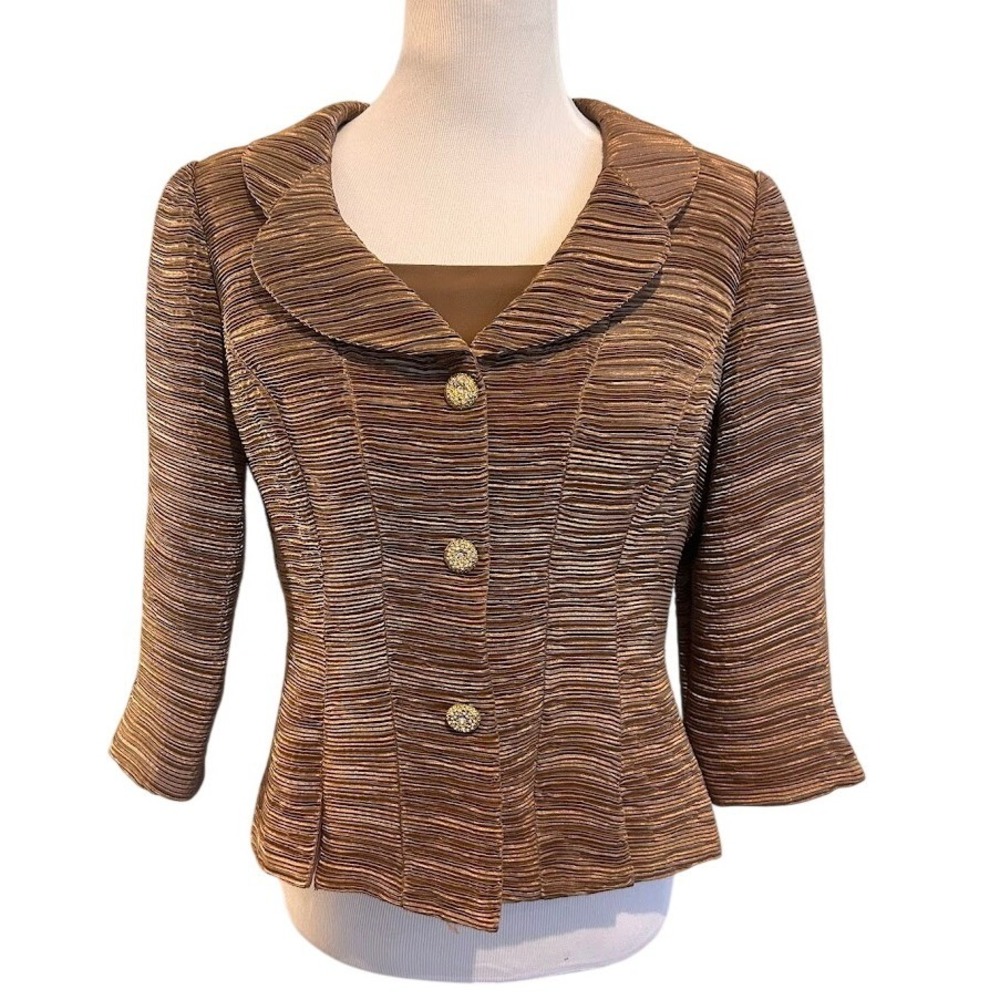 Cachet Womens Bronze Gold Pleated Evening Jacket Rhinestone Button Size 12 41258